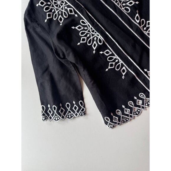 Vintage 00's BOB MACKIE Black Linen Rayon White Embroidered Open Jacket, Size XS - Picture 8 of 13